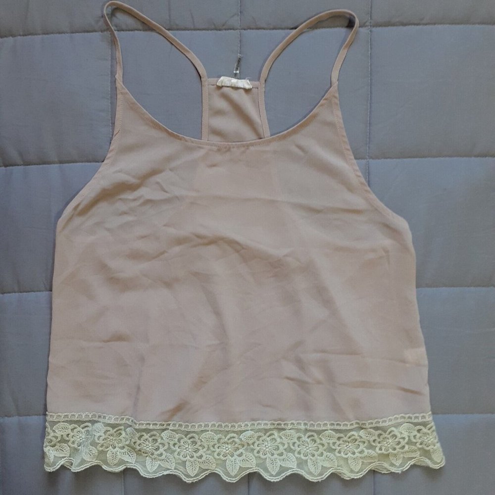 Bear Dance Tan Sheer Flowy Tank Top Lace Trim Women's Small